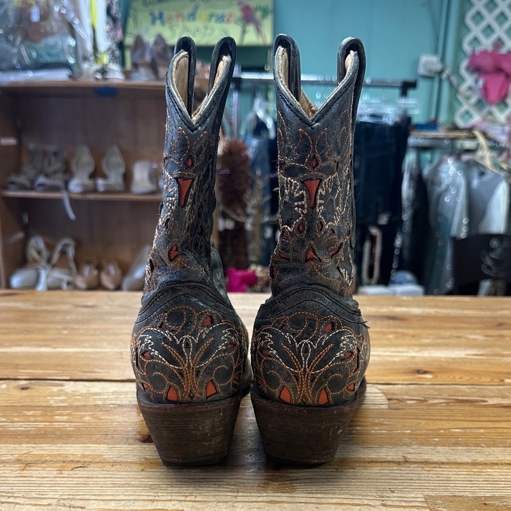 Women’s Black Leather Western Heeled Boots with Orange Accents - Picture 3 of 4